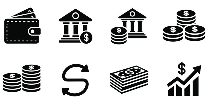 Black of wallet, bank, coins, cash, and financial growth chart building money