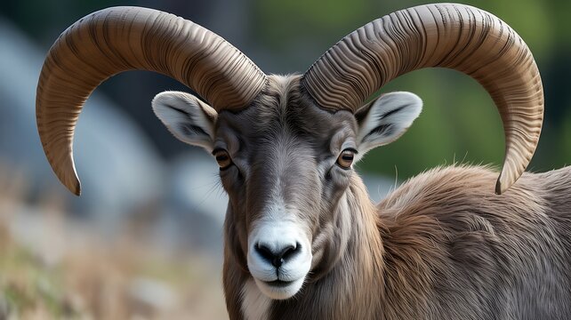 A dynamic wildlife photograph of a large horned bighorn sheep standing outdoors