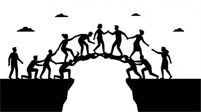 Teamwork concept silhouette of people building a human bridge over a chasm