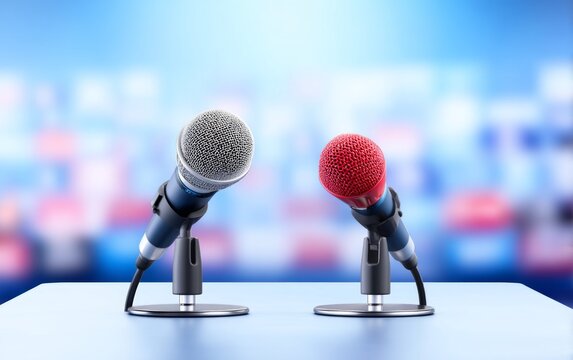 Two Microphones on a Podium Stand with Cables and Blurred Background