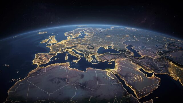 Stunning night view of Europe North Africa and the Middle East from space with city lights and geography