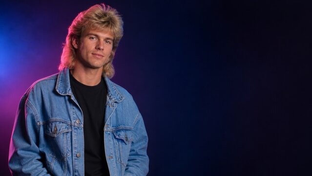Retro studio portrait with neon light and denim jacket