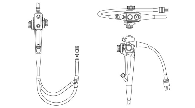 Colonoscope medical instrument technical drawing blueprint front side top and internal cross sectional views line art vector