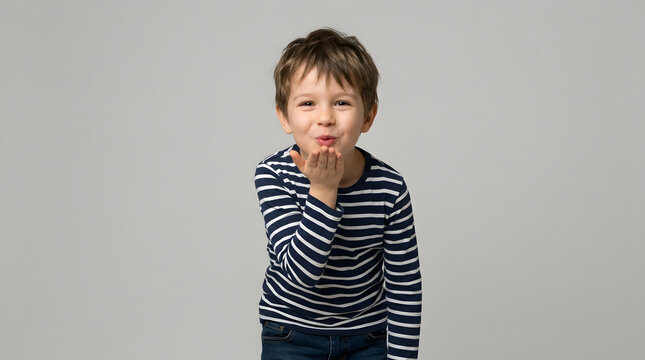 A young boy in a striped shirt blowing a kiss with a grey background, conveying affection and charm
