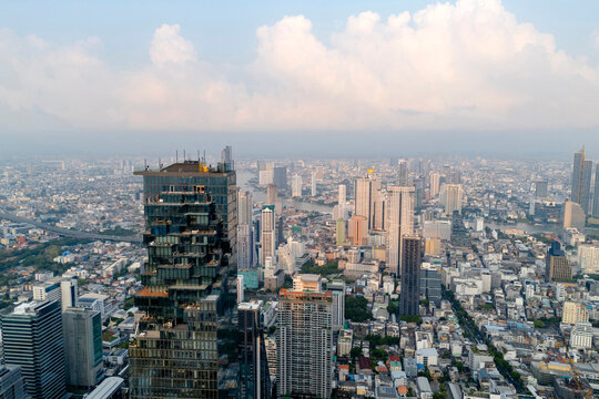 Cityscape Bangkok from a bird's eye view, many high-rise skyscrapers, panoramic view into the distance