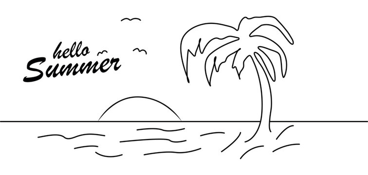 hello summer handwritten lettering line art design. beach, sun and palm tree line art design. one continuous line summer design png and vector illustration on transparent background