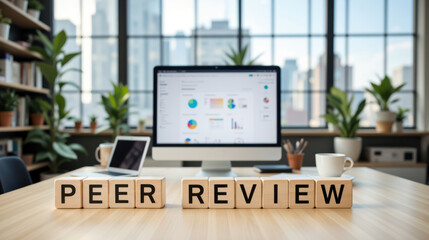 Naklejka premium Peer review decisions shape manuscript acceptance and research credibility for journal submission systems, grant evaluation panels, academic publishing service pages and scientific integrity training