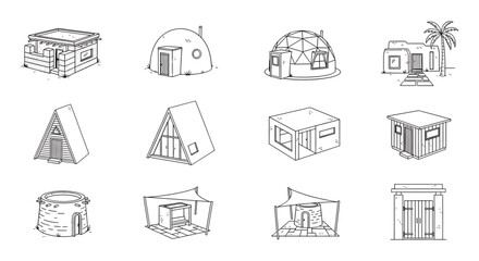 Collection of various tent and camping shelter illustrations, including yurt, teepee, and cabin styles. © Konjjo