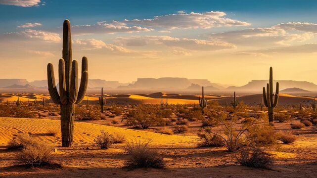 Vast desert landscape with towering saguaro cacti golden sand dunes and distant mountains under clear sky