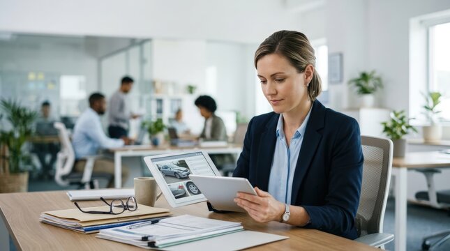 Auto claims specialist reviewing case on digital tablet at modern office desk