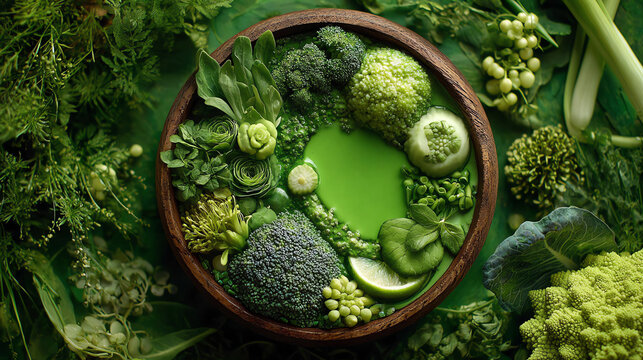 A vibrant assortment of fresh green vegetables arranged beautifully in a wooden bowl, celebrating healthy eating.