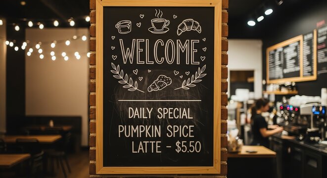 Welcome chalkboard sign with hand drawn coffee and pastry illustrations inside a cozy cafe with warm ambient string lights background