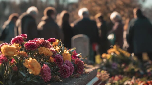 funeral ceremony with a coffin and a bunch of flowers. sunset-lit graveyard with blurry mourners in the backdrop..