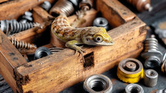 Gecko on a Wooden Crate Surrounded by Mechanical Springs and Metal Parts