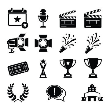 Black and on white background, including clapperboards, cameras, trophies