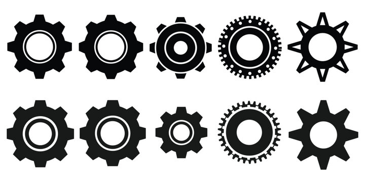 Collection of ten black gear with varying teeth and inner circles cogwheel mechanical