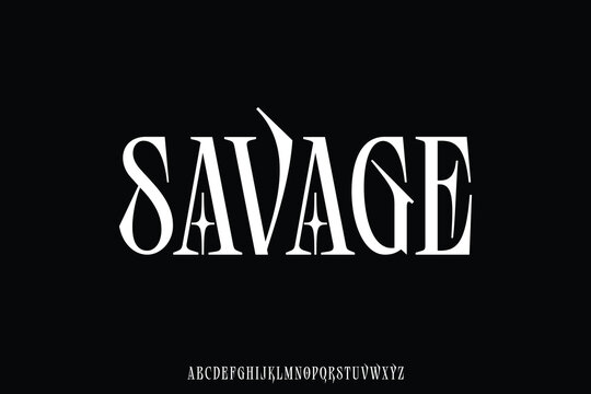 Strong decorative serif alphabet display font vector illustration. Powerful savage typeface