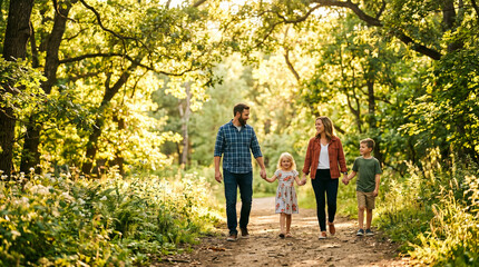 Obraz premium Family Walking Together in Forest Path Warm Sunlight