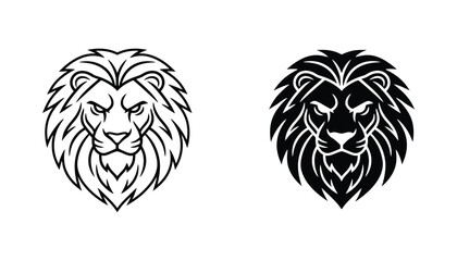 Lion head mascot logo with flowing mane icon set featuring majestic king of the jungle in bold line art and solid black silhouette styles for sports team and regal branding graphic assets © Fluid