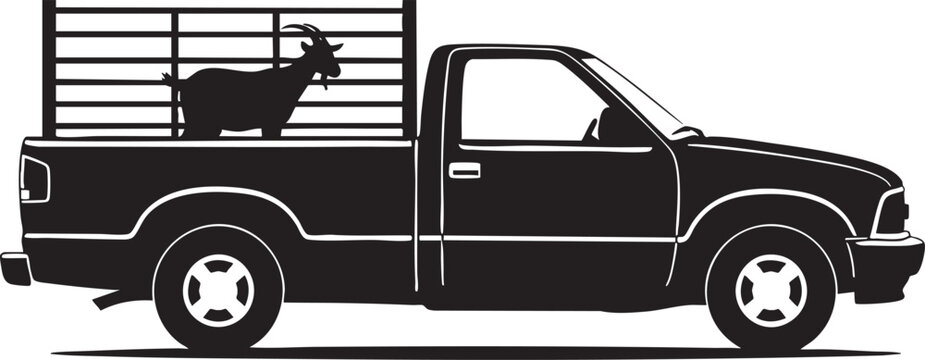Pickup truck transporting a goat in a metal cage trailer with transport