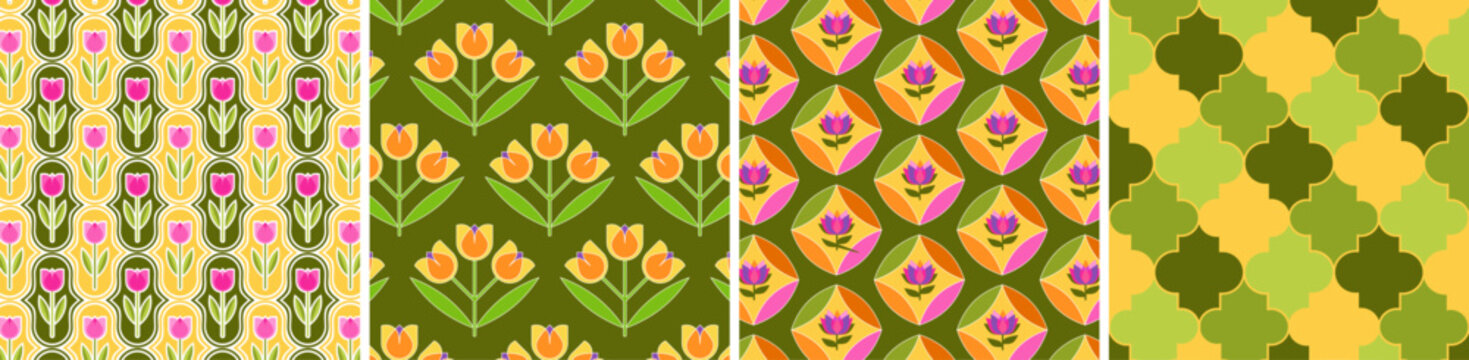 Versatile retro floral seamless pattern set of tulips and geometric motifs in bold, vibrant colors. For textile design, fashion prints, wallpaper, home decor, packaging, stationery, branding.