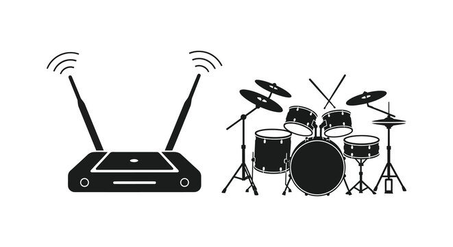 router and drum set silhouette on white background high quality professional detailed modern elegant stylish clean crisp vibrant