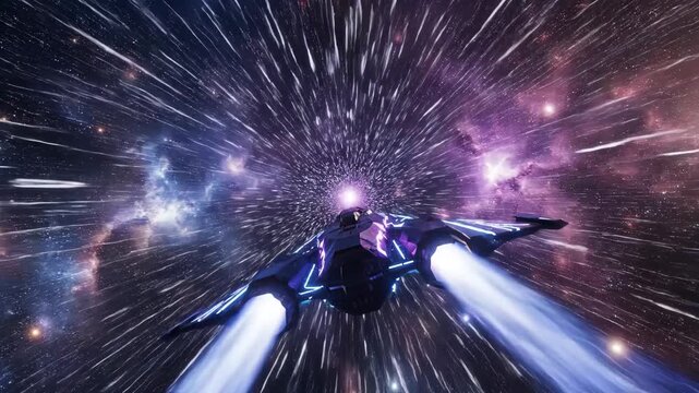 Futuristic Spacecraft hurtling through the wormhole, navigating through cosmic tunnels and vibrant