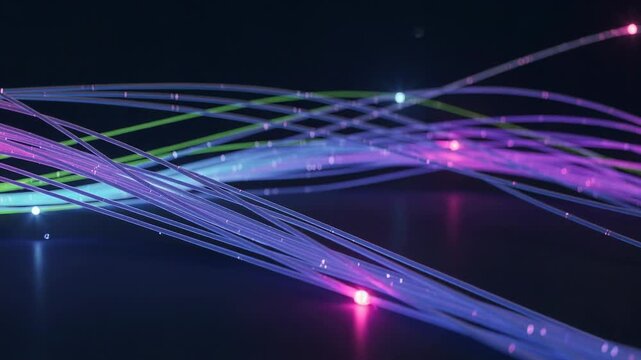 A vibrant array of glowing fiber optic cables intertwining and pulsing with neon blue light technology