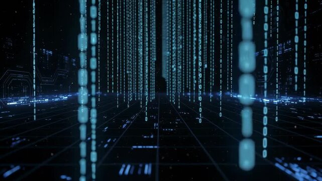 Futuristic digital rain of binary code streams through a dark virtual grid background