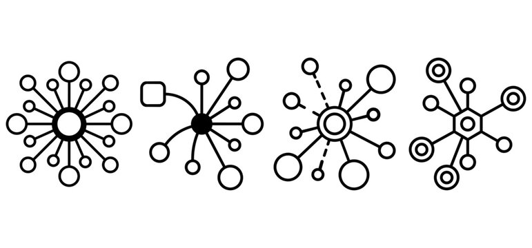 Connection hub, network and mind map abstract line vector icon set