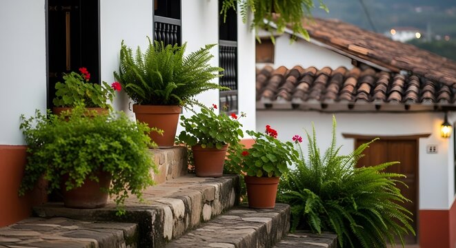 Charming Traditional House Facade with Potted Green Plants and Red Flowers on Stone Steps