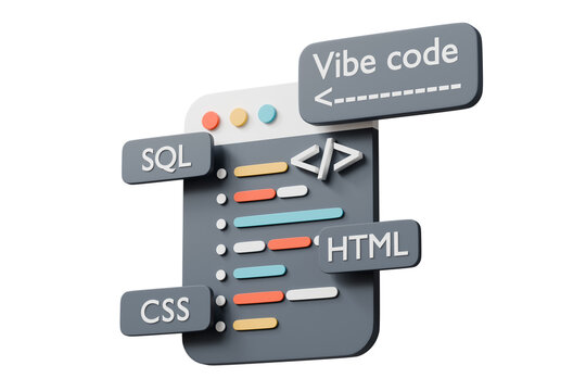 3d vibe code icon. web development concept. minimal cartoon browser window gears SQL HTML CSS labels for AI coding app. isolated on white transparent background. 3d render.