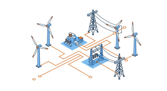 Isometric illustration of a wind farm and power grid, renewable energy concept.