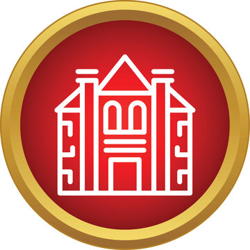 Stylized outline of a building inside a red circle with a golden border