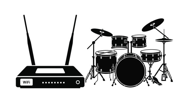 drum set and wifi router silhouette high quality professional detailed modern elegant stylish clean crisp vibrant colorful digital