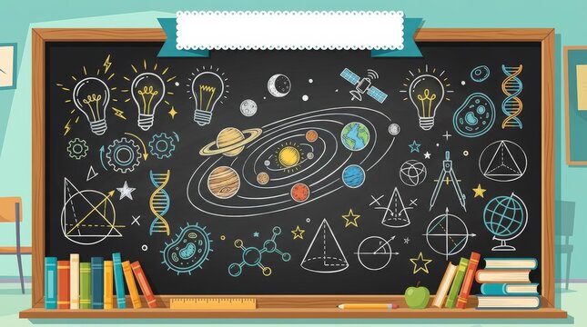 Classroom chalkboard with science and math doodles and books