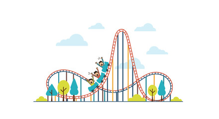 Fototapeta premium Three excited people in a roller coaster car descend a steep red metal track through a landscaped park with soft clouds and light blue sky backdrop.