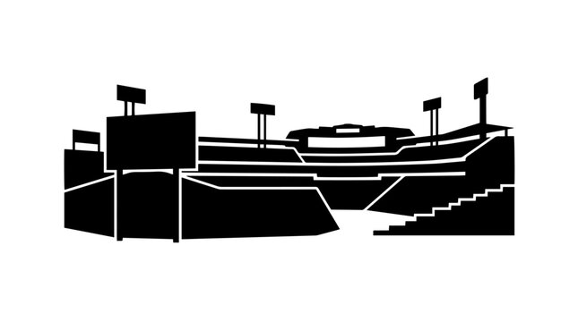 Vector silhouette of sports stadium with tiered seating, scoreboards, and lighting towers, iconic architectural landmark art