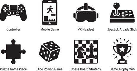 Gaming icons, vector game symbols, 8 elements, black and white graphics, puzzle, mobile, VR, joystick, strategy, trophy © Nayeem