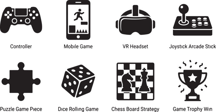 Gaming icons, vector game symbols, 8 elements, black and white graphics, puzzle, mobile, VR, joystick, strategy, trophy