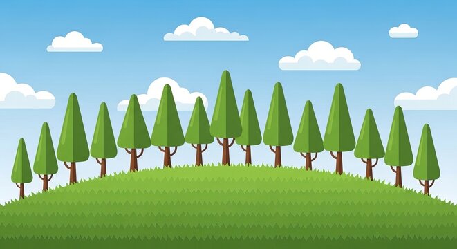 Colorful cartoon forest scene with green trees on a grassy hill landscape