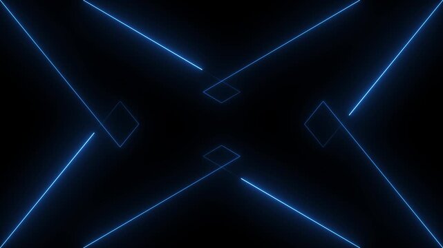 Futuristic neon blue abstract geometric background with glowing symmetrical lines and diamonds on dark surface. 4k