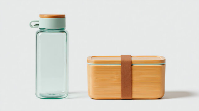 Eco friendly water bottle and bamboo lunch box on white