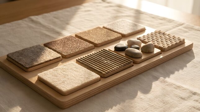 Textured Square Tiles and Pebble Grid on Wooden Board