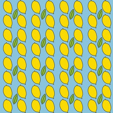 pattern of simple drawing of lemons with green leaves on a blue background