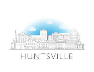 Obraz premium Huntsville skyline, Alabama. Urban cityscape with landmarks and monuments. Hand drawn line art digital skyline illustration in black and white.