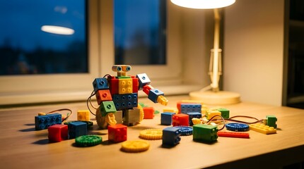 Naklejka premium Colorful Block Robot Surrounded by Bricks on Wooden Desk