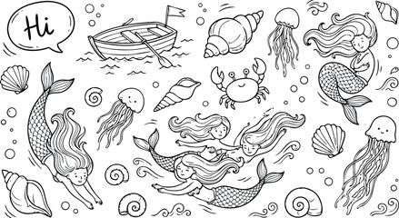 Hand Drawn Nautical Vector Set Featuring Mermaids Shells Jellyfish Crab and Boat Elements Isolated on White Background © MdMojnu