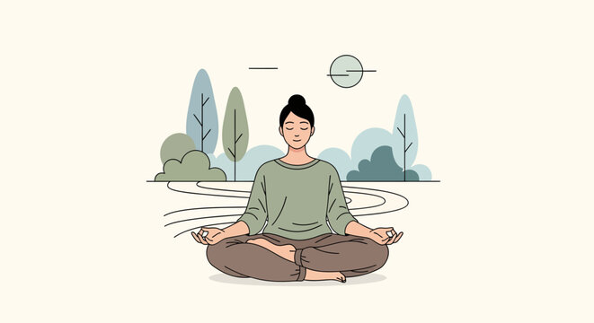 Woman meditating in serene natural environment with trees and moon