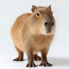 Fototapeta premium A photorealistic capybara against a clean white background. High-key studio lighting highlights its textured brown fur and gentle expression in a minimalist, front-facing portrait.